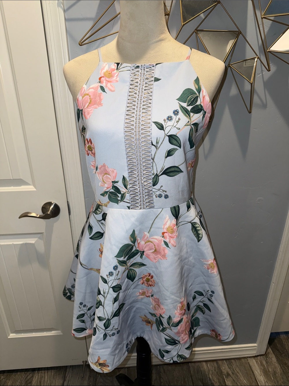 KEEPSAKE the Label Light Blue Halter Mini Dress with Pink Floral
